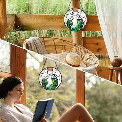 Halloween Ghost Witchy Suncatcher Stained Glass Window Hanging Decor, Whimsical Spooky Stained Glass Wall Decor, Gothic Lawn Garden Sun Catchers Indoor Window Hanging Wall Art, 7.9x7.9In