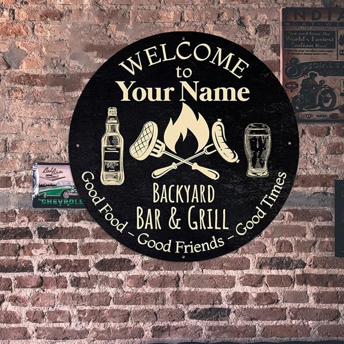MeMate Outdoor Decor - Personalized Metal Bar and Grill Sign for Patio, Porch, Deck - BBQ Beverage Housewarming Gifts