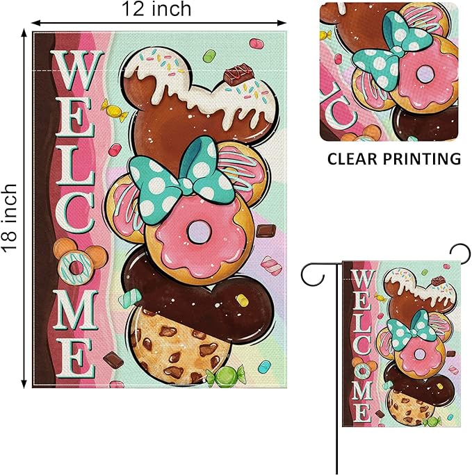Welcome Cute Donuts Decorative Garden Flag, Pink Sweet Doughnut Chocolate Candy Yard Outside Decorations, Funny Burlap Outdoor Small Home Decor Double Sided 12 x 18