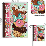 Welcome Cute Donuts Decorative Garden Flag, Pink Sweet Doughnut Chocolate Candy Yard Outside Decorations, Funny Burlap Outdoor Small Home Decor Double Sided 12 x 18