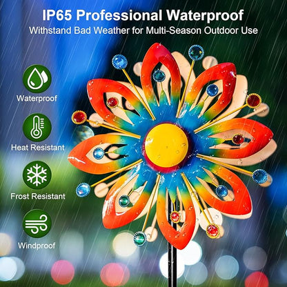 Solar Wind Spinner Outdoor Metal Garden Decor – 60.63'' Kinetic Flower Sculpture with Color-Changing LED Crackle Glass Ball & Gemstone, Waterproof Wind Catchers for Patio, Yard, Lawn Art Decoration