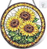 Sunflower Stained Glass Window Hanging - Round Floral Suncatcher with Chain, Colorful Glass Ornament for Home Garden Window Decor Gift, 8 Inch