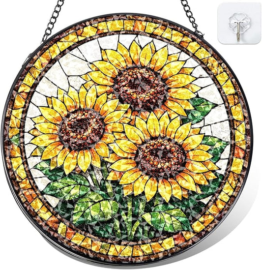 Sunflower Stained Glass Window Hanging - Round Floral Suncatcher with Chain, Colorful Glass Ornament for Home Garden Window Decor Gift, 8 Inch