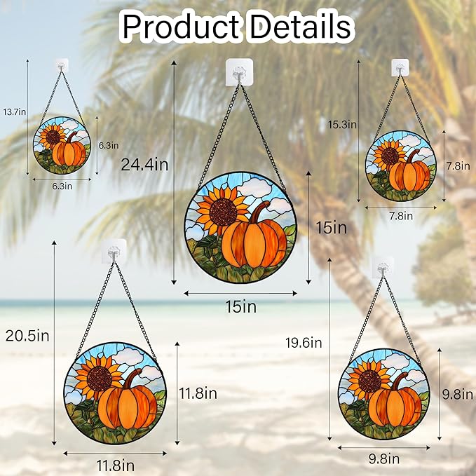 DASTOLL Stained Glass Window Hanging Fall Farm Scenery Sunflower Pumpkin Large 15" - Suncatcher Door Garden Kitchen Sunroom Sun Catcher Home Decor Birthday for Mom Grandma Men Woman