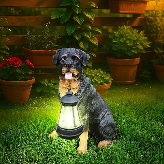 Rottweiler Front-Gate Sentinel with Solar Lantern & Double-Sided Sign, Sitting Black & Tan Statue for Drive, Portico, Lawn & Path