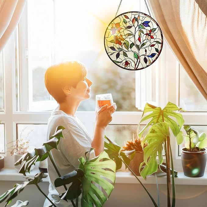 Bimkole Flower Stained Glass Suncatcher Window Hanging - Leaves Design for Indoor Window or Doorway Decoration - 7.87x7.87 inch with Chain and Hook - Unique Home Decor Gift