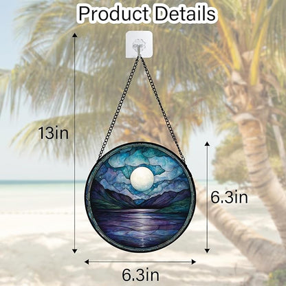 DASTOLL Stained Glass Window Hanging, Blue Night Moon Lake Sun Catchers Colorful Glass Panel Landscape Suncatcher Decor for Birthday for Women, Men, Wife, Aunt, and Mom 9.8 in