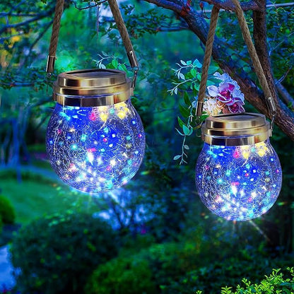 Hang Outdoor Solar Lights Waterproof, 2 Pack 30LED Cracked Glass Ball Decorative Lanterns, Solar Powered Landscape with Handle for Yard Patio Fence House Holiday Decor, Birthday Gift for Women