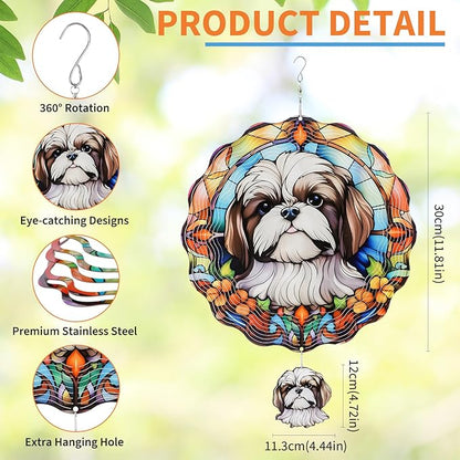 Shih Tzu Wind Spinners Outdoor - 3D Cute Dog for Women Men, Wind Spinner for Yard Patio Ornament Garden Decor, 12 Inch Hanging Kinetic Metal Wind Spinners Sculpture