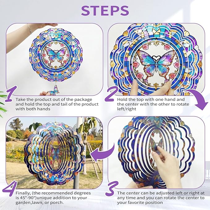 Butterfly Wind Spinner Outdoor Hanging for Yard Garden for Women Mom Grandma Birthday,12 inch 3D Hanging Wind Sculptures Metal Wind Spinners for Outside, Garden, Patio, Yard Decor