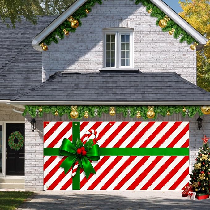 HOMETITUTE Christmas Garage Door Banner 13x6ft Gift Wrap Bow Ribbon Theme Backdrop Seasonal Christmas Decor Winter Door Cover Banners for Outside Garage Wall Covering for Party Garage Decorations