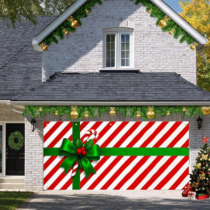 HOMETITUTE Christmas Garage Door Banner 13x6ft Gift Wrap Bow Ribbon Theme Backdrop Seasonal Christmas Decor Winter Door Cover Banners for Outside Garage Wall Covering for Party Garage Decorations