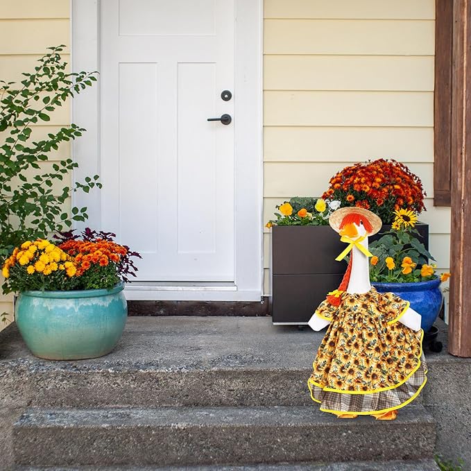 FuWeave Spring Goose Outfit Sunflower Lawn Porch Cement Goose Sunmer Clothes Skirts Hat Wig Forgarden Outdoor Patio Yard Statue Art Decor(Cherry,23 Inch)
