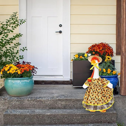 FuWeave Spring Goose Outfit Sunflower Lawn Porch Cement Goose Sunmer Clothes Skirts Hat Wig Forgarden Outdoor Patio Yard Statue Art Decor(Cherry,23 Inch)
