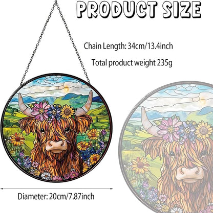 Flowers Highland Stained Glass Window Hanging Cow Sun Catcher Cowgirl Decor Highland Cow Gifts for Women Christmas Suncatchers for Home Windows Hanging Decoration, 7.87inch