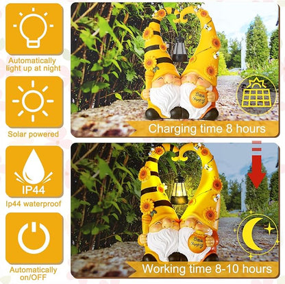 Kathfly Solar Spring Gnome Statue 11.8 Inches Garden Resin Sunflower Bee Gnome Statue with Solar Lights Double Cute Gnomes Statues for Mother' Day Birthday Gift Yard Patio Lawn Porch Decor
