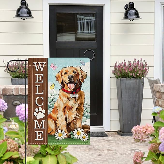 Dyrenson Welcome Golden Retriever Dog Decorative Garden Flag, Paw Prints Yard Outside Home Decoration Pet Owner Lover Gift, Spring Summer Burlap Outdoor Small Decor Double Sided 12 x 18