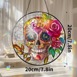 VAIIEYO Skull Rose Acrylic Sun Catcher Window Hanging Decoration, 7.8 Inch Double-Sided Light Reflecting Ornament for Window, Garden, Porch or Balcony Decor, Housewarming, Gift for Natural Lovers