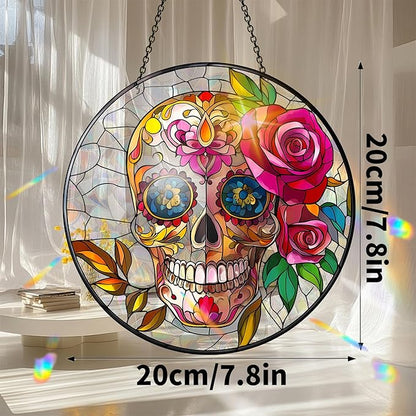VAIIEYO Skull Rose Acrylic Sun Catcher Window Hanging Decoration, 7.8 Inch Double-Sided Light Reflecting Ornament for Window, Garden, Porch or Balcony Decor, Housewarming, Gift for Natural Lovers