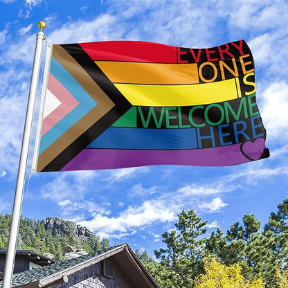 Pride Flags 3x5 Ft Everyone is Welcome Here Pride Decorations Outdoor Hanging LGBTQ Rainbow Gay Porgress Pride Flag Party Supplies for Indoor Outdoor Garden,Lawn,Yard, Parade Decor