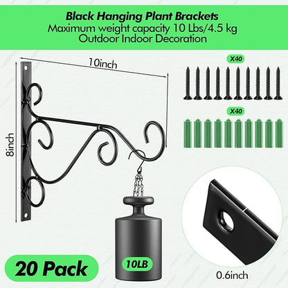 Tandefio 20 Pcs Hanging Plant Brackets 10 Inch Outdoor Wall Mount Metal Plant Hanger Hooks with Screws for Bird Feeder Wind Chime Lanterns Holiday Decoration (Black)