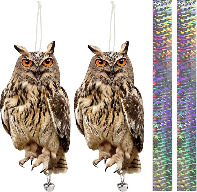 Hanging Plastic Owls for Gardens, 2PCS Reflective Hanging Owl Decoration Woodpecker Control Device with Reflective Tape, Jinging Bell for Garden Patio Windows