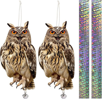 Hanging Plastic Owls for Gardens, 2PCS Reflective Hanging Owl Decoration Woodpecker Control Device with Reflective Tape, Jinging Bell for Garden Patio Windows