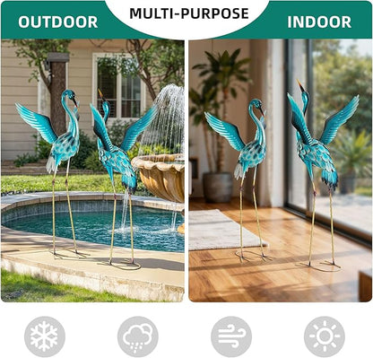 Extra-Large Blue Heron Decor, Handcrafted 47.5" Metal Crane Statue with Stable U-Ground Stakes, Backyard Decoration, Metal Garden Bird Animal Yard Art, Lawn Ornament Decor
