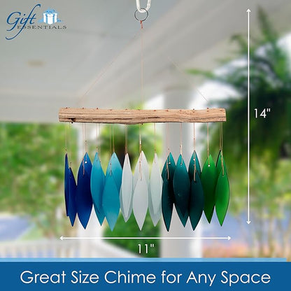 Blue Handworks Gradient Ocean Waterfall & Driftwood Glass Leaves Chime - Sandblasted Glass and Found Wood Handcrafted Wind Chime