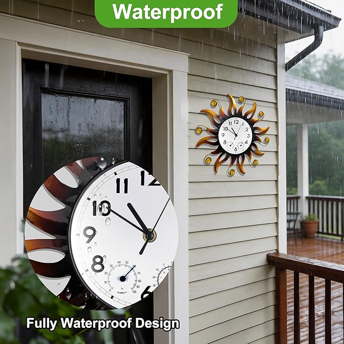 Outable Sun Outdoor Clock Silent No-Ticking Outdoor Clocks Waterproof Decorative Outdoor Clock Thermometer Combo for Patio Garden Outside Decor 13 Inch