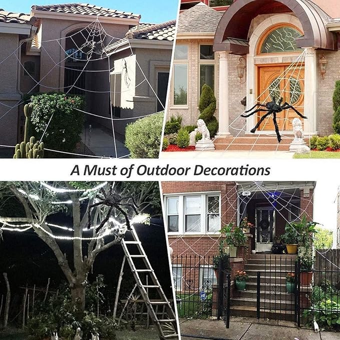 Halloween Spider Web Decoration 16ft + Giant Spider 35" Black + Stretchy Dense Spider Silk Rope and 2 Small Spiders Triangular Huge Spider Web for Indoor/Outdoor
