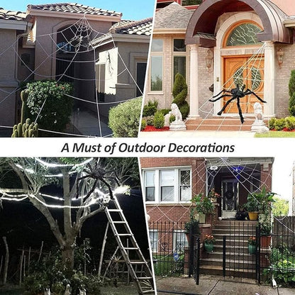 Halloween Spider Web Decoration 16ft + Giant Spider 35" Black + Stretchy Dense Spider Silk Rope and 2 Small Spiders Triangular Huge Spider Web for Indoor/Outdoor