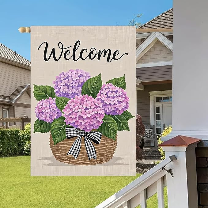 BlissYard Hello Spring Garden Flag Double Sided 12x18 Inch Hydrangea Basket Seasonal Welcome Small Flags For Outside Outdoor Decor Yard Farmhouse Holiday Spring Summer Decorations Yard Flags