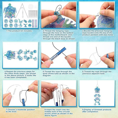 GlikCeil Beach Wind Chimes Diamond Art Wind Chimes Suncatchers Beach Diamond Art Kits with Crystal Pendant Hanging Ornament for Home Garden Patio Backyard Decor(Blue)