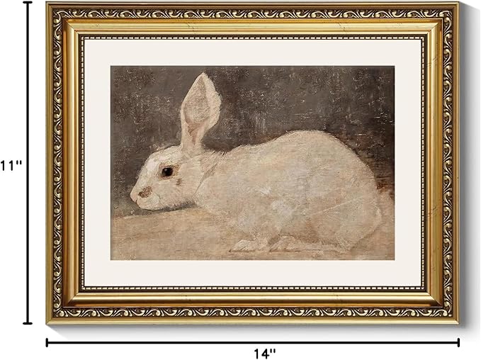 ARPEOTCY Vintage Gold Framed Wall Art, Easter White Rabbit Bunny Paintings, Nursery Wall Decor, Canvas Prints Artwork with Frame, Wall Decor for Kids Room Bathroom Bedroom 11x14 inch