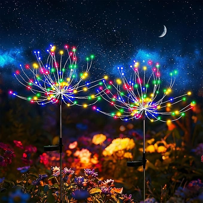 2 Pack Solar Firework Lights Outdoor, Adjustable 32" to 51" Extra Tall, 200 LED Stainless Steel 3-Section Pole, 8 Modes Waterproof Starburst Garden Lights for Yard Pathway Walkway Decor