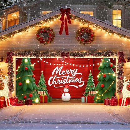 IVN Christmas Garage Door Cover Decoration 13x6ft Snowman Cartoon Trees String Lights Design Merry Christmas Winter Garage Door Banner Home Door Front Yard Decor for Xmas Eve Holiday Outdoor
