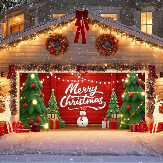 IVN Christmas Garage Door Cover Decoration 13x6ft Snowman Cartoon Trees String Lights Design Merry Christmas Winter Garage Door Banner Home Door Front Yard Decor for Xmas Eve Holiday Outdoor