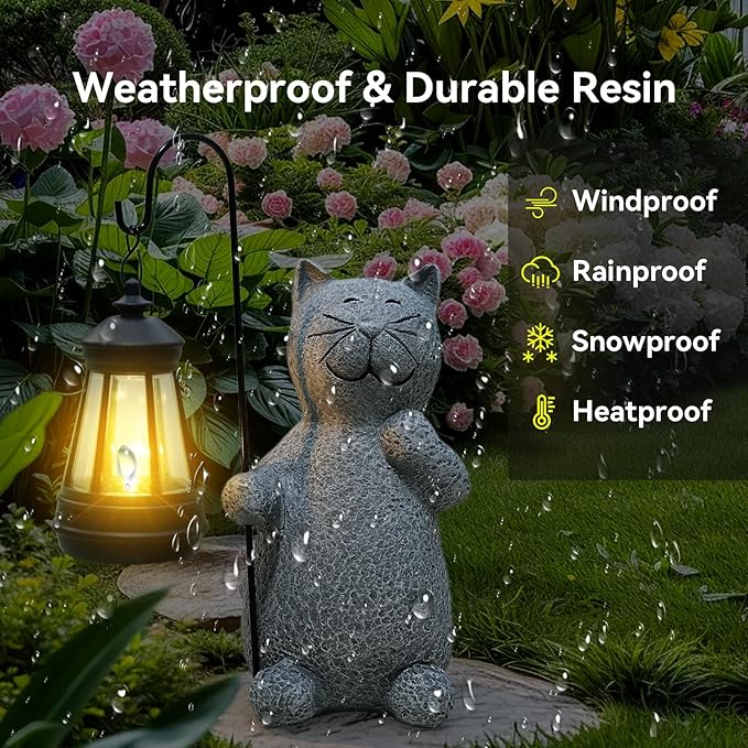 Solar Cat Garden Statues with LED Lights, Outdoor Decor for Patio Yard Balcony - Unique Housewarming Birthday Gifts for Women Mom Grandma