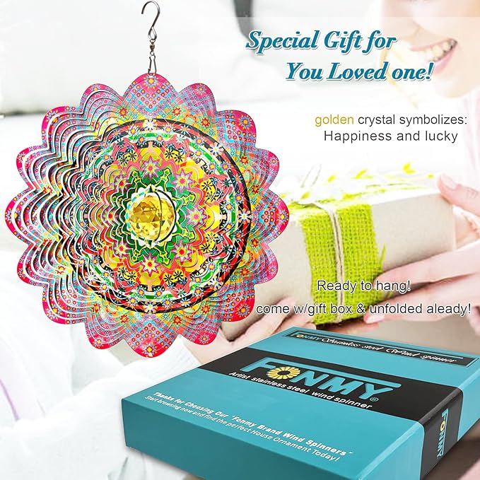 FONMY Mandala Wind Spinner w/Crystal Ball-Romatic Flower 3D Stainless Steel Hanging Spinners Worth Gift Christmas Decoration Indoor/Outdoor Garden Décor Kinetic Yard Art 12 Inches Wind Sculpture