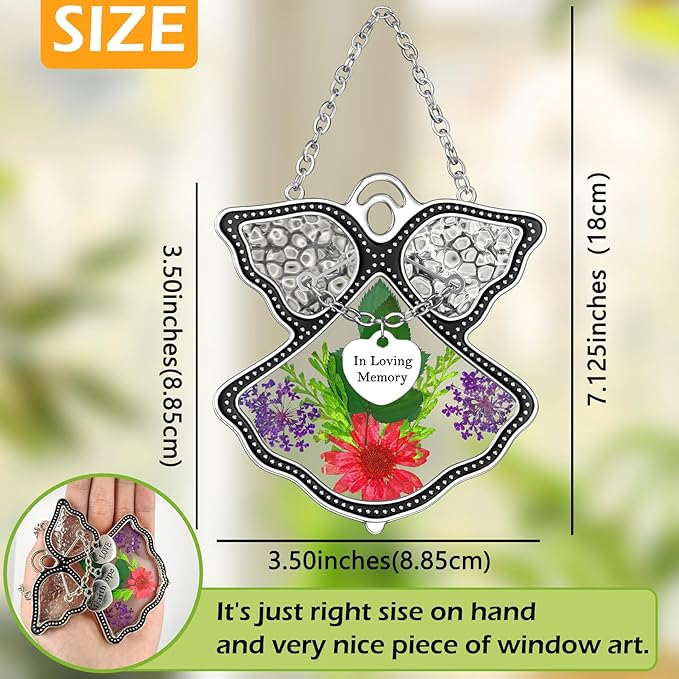 KY&BOSAM Angle Suncatcher in Loving Memory Glass Sun Catchers for Windows Hanging Wind Chime Ornament Pressed Real Flower and Metal Heart Charm Sympathy Bereavement Memorial for Loss Gift