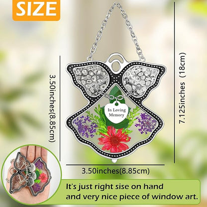 KY&BOSAM Angle Suncatcher in Loving Memory Glass Sun Catchers for Windows Hanging Wind Chime Ornament Pressed Real Flower and Metal Heart Charm Sympathy Bereavement Memorial for Loss Gift