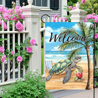 Welcome Garden Flag Sea Turtle Beach Scene Yard Flag Tropical Coastal Summer Double Sided Polyester Ocean Palm Tree Yard Flags for Lawn Porch Patio Nautical Seaside Outdoor Decor 12x18 Inch
