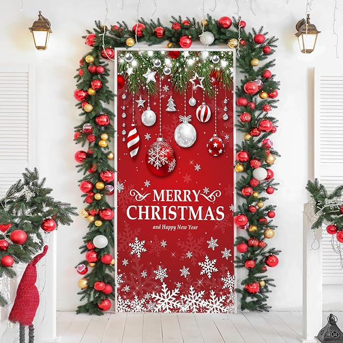 IMISHM Retro Christmas Door Decorations Merry Christmas Christmas Door Cover Christmas Snowflake Door Banner Christmas Front Door Decorations for Christmas Home Indoor Decorations