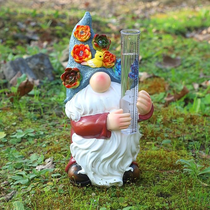 FORUP Resin Gnome Solar Rain Gauges, Resin Garden Gnome Statue with a Plastic Rain Gauge, Hand Painted Gnome Sculpture Water Gauge for Rain
