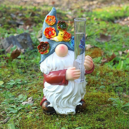 FORUP Resin Gnome Solar Rain Gauges, Resin Garden Gnome Statue with a Plastic Rain Gauge, Hand Painted Gnome Sculpture Water Gauge for Rain
