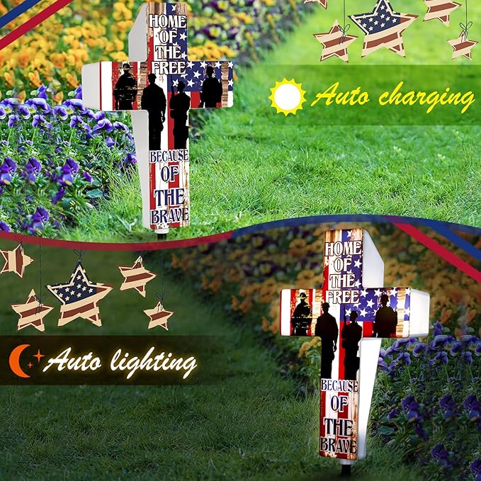 DoubleFill Memorial Day Cross Garden Stake Patriotic Solar Lighted Home of Free Memorial Solar Outdoor Yard Decorations Light up Night Cross Stake Decor for 4th of July Independence Day