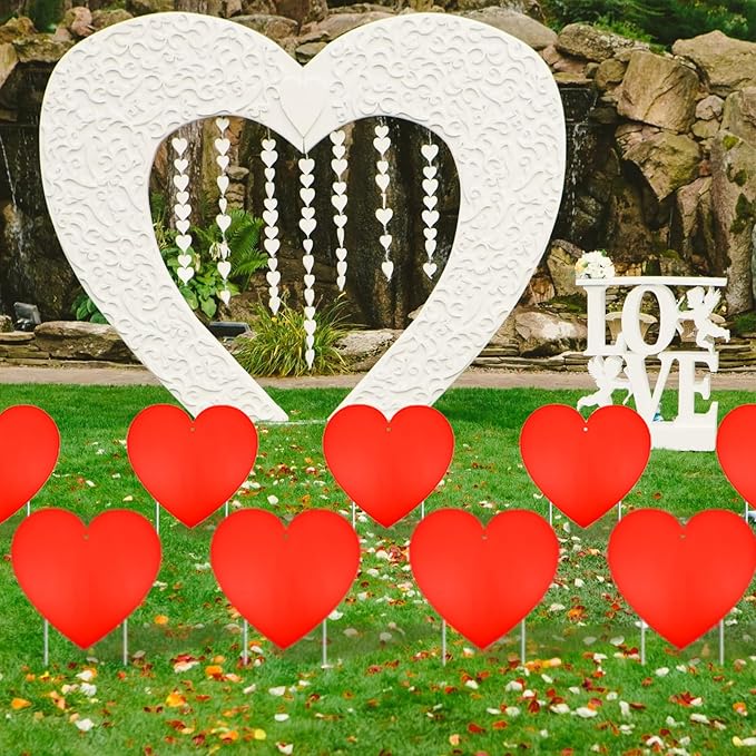 10 Pieces Valentine's Day Decorations Outdoor Yard Garden Porch Sign - Large Double-Sided Red Heart Design Signs with Stakes for Romantic Love Wedding Engagement Anniversary Patio Pathway Lawn Decor