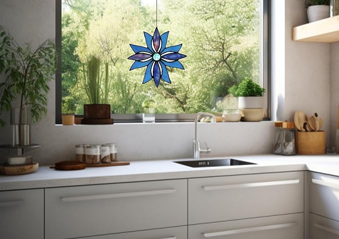 Stained Glass Window Panels,Flower Handmade Art Crafts Suncatcher for Window or Wall (Indigo starflower)