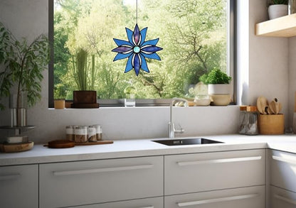 Stained Glass Window Panels,Flower Handmade Art Crafts Suncatcher for Window or Wall (Indigo starflower)